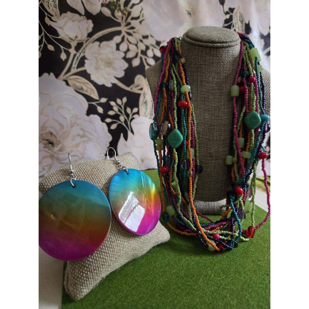 80s Boho Multi Strand Seed Bead Necklace Rainbow Iridescent Shell‎ Earrings Set